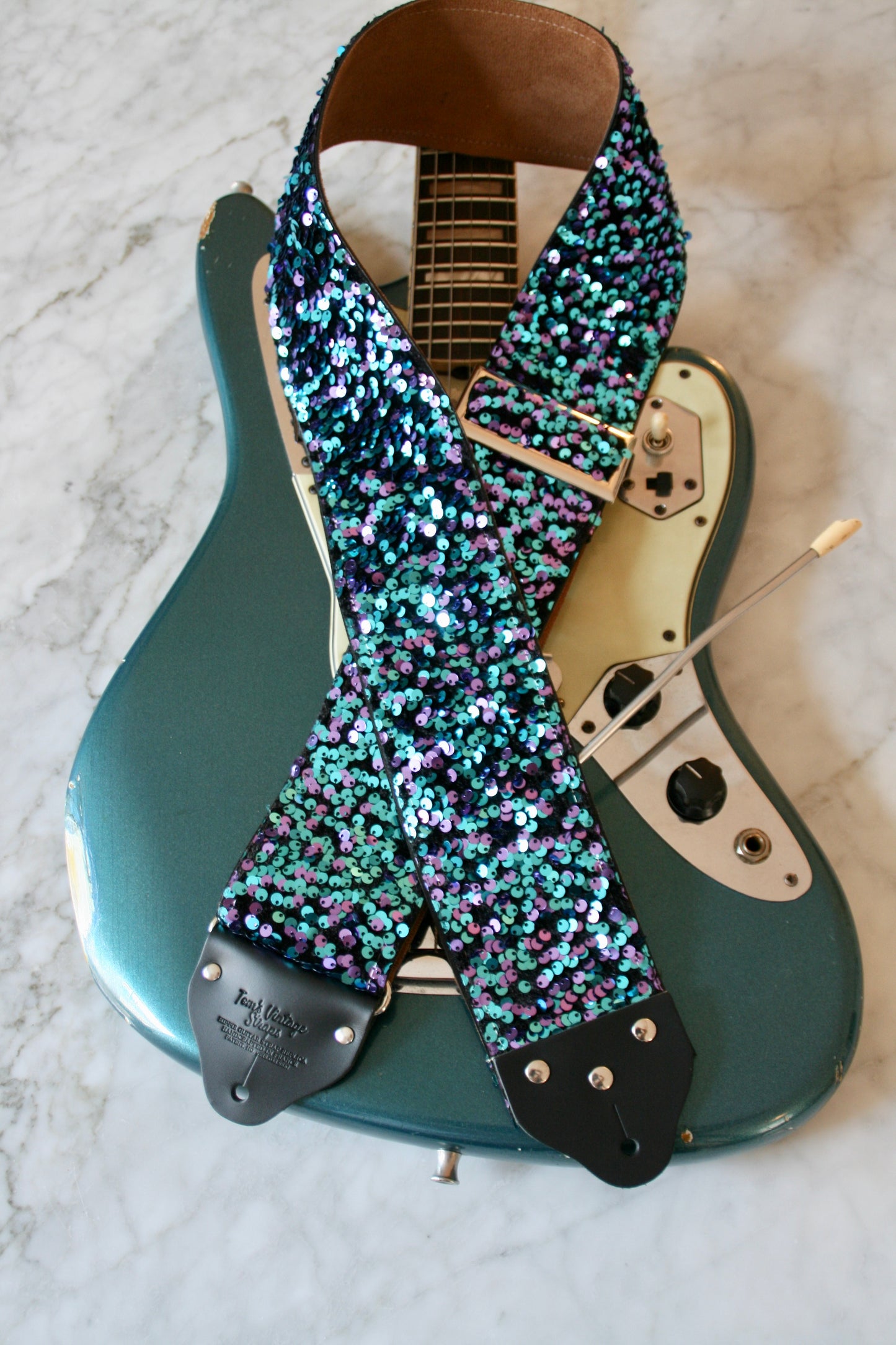 Custom wide 3" Turquoise 'Sequin' Guitar/Bass Hippie Strap