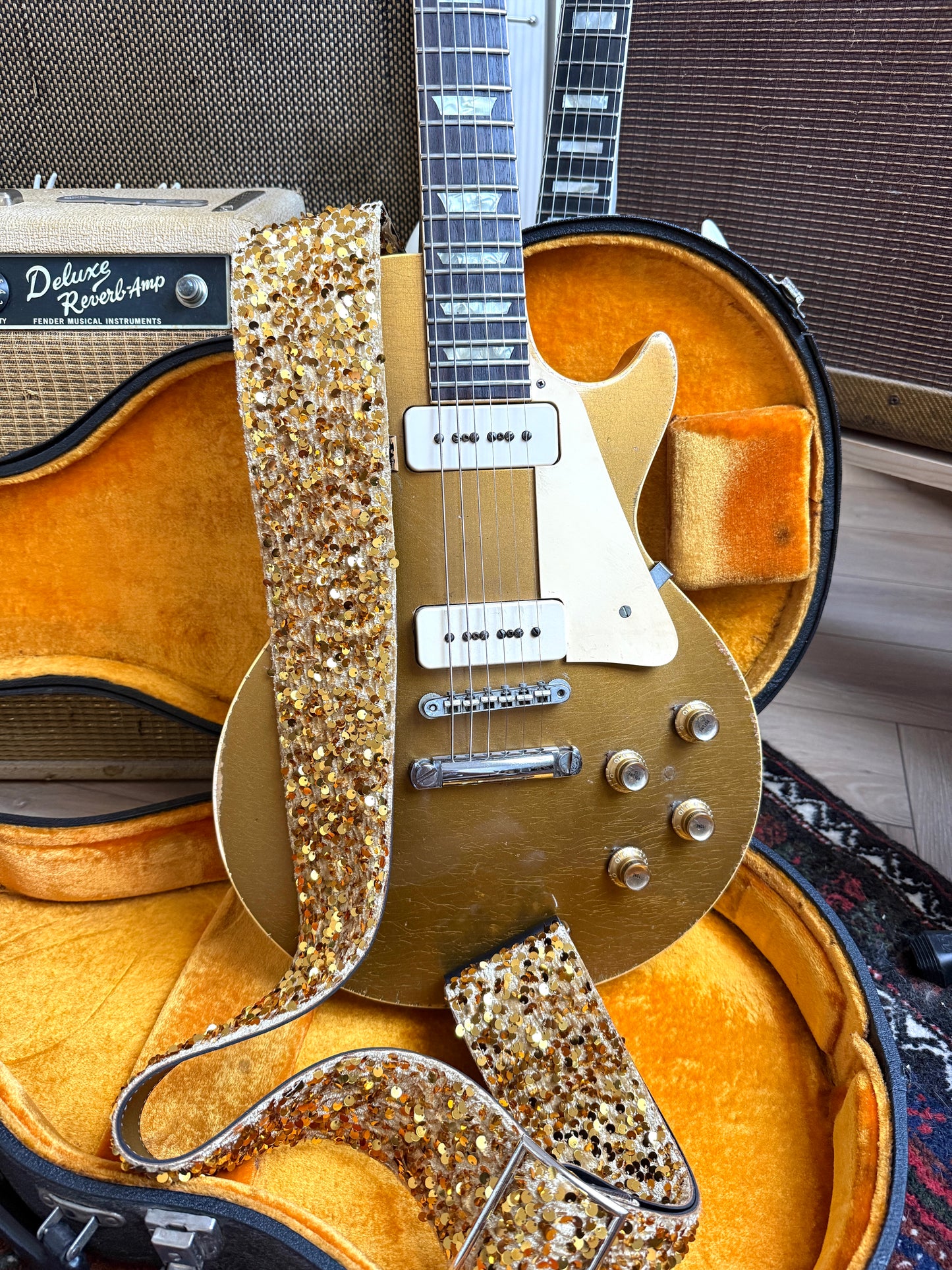 Custom wide 3" Yellow Gold 'Sequin' Guitar/Bass Hippie Strap
