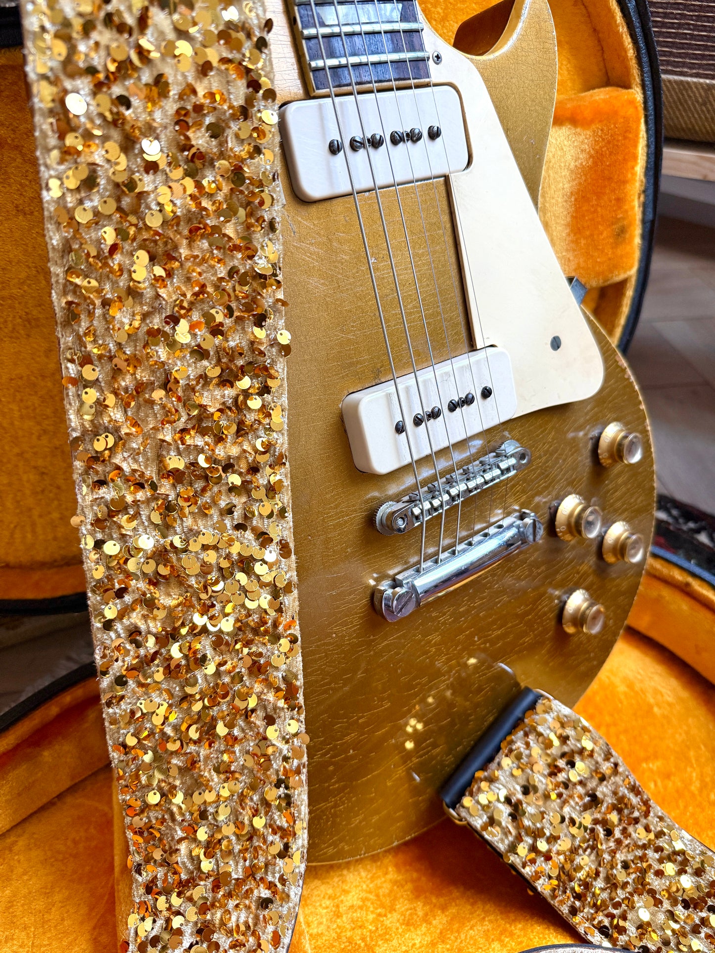 Custom wide 3" Yellow Gold 'Sequin' Guitar/Bass Hippie Strap