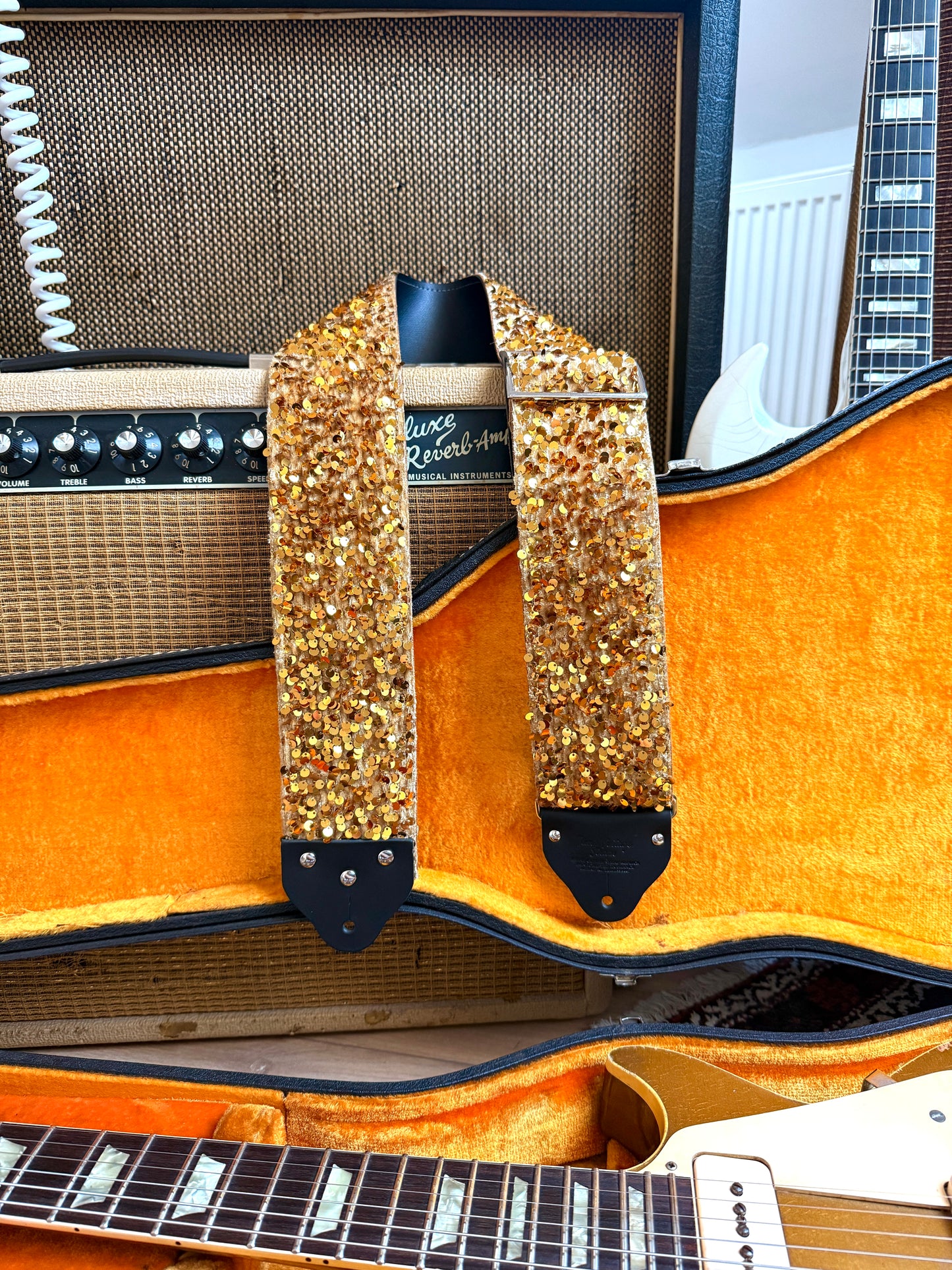Custom wide 3" Yellow Gold 'Sequin' Guitar/Bass Hippie Strap