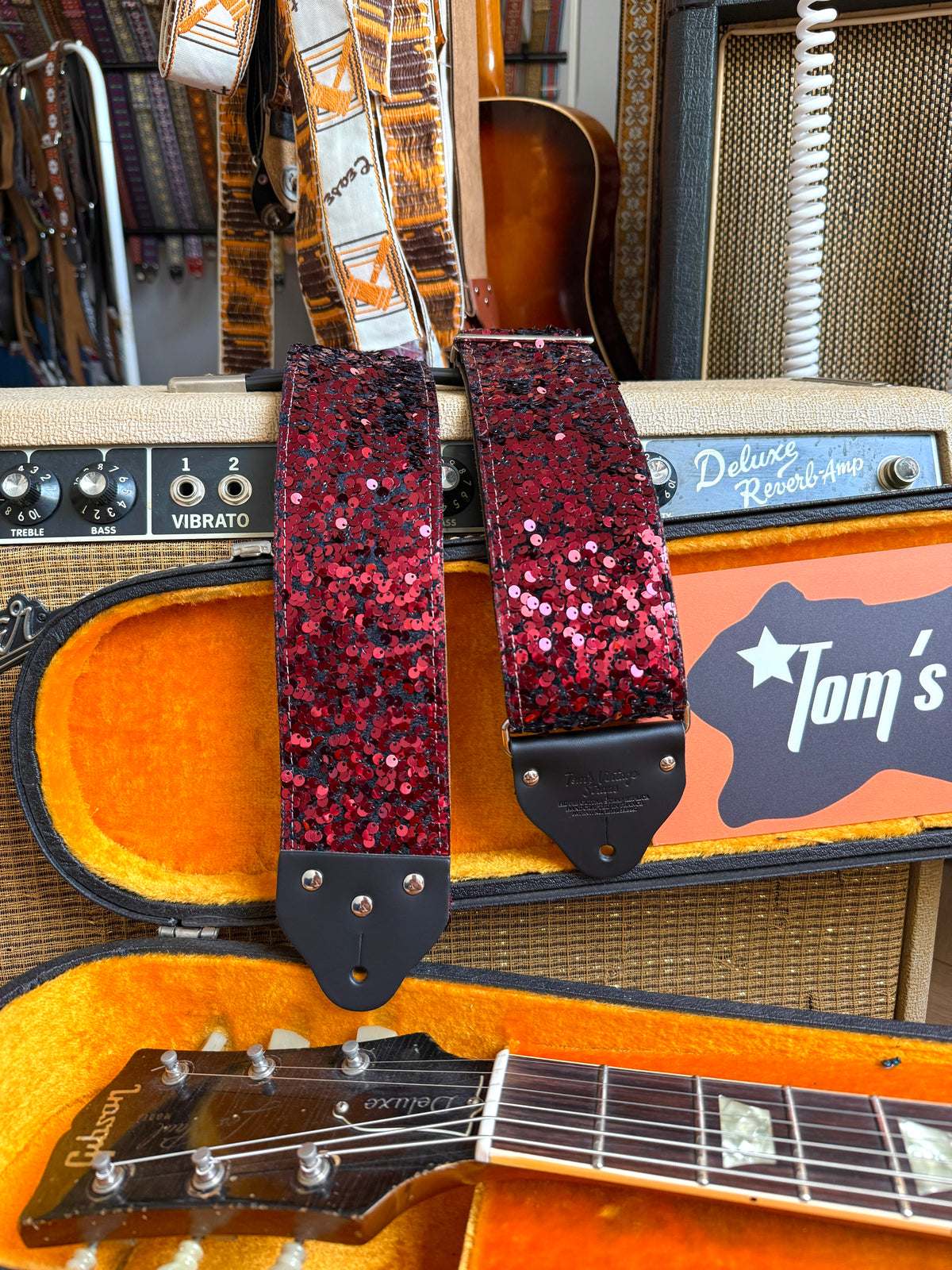 Custom wide 3" Ruby 'Sequins' Guitar/Bass Hippie Strap