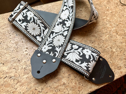 Custom wide 3" Grey 'Flowers' Guitar/Bass Hippie Strap